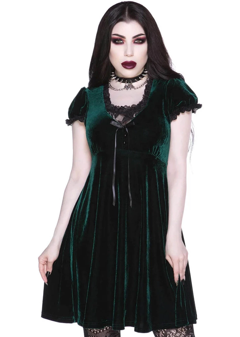 New In Killstar Heather Velvet 60's Jurk Emerald Green