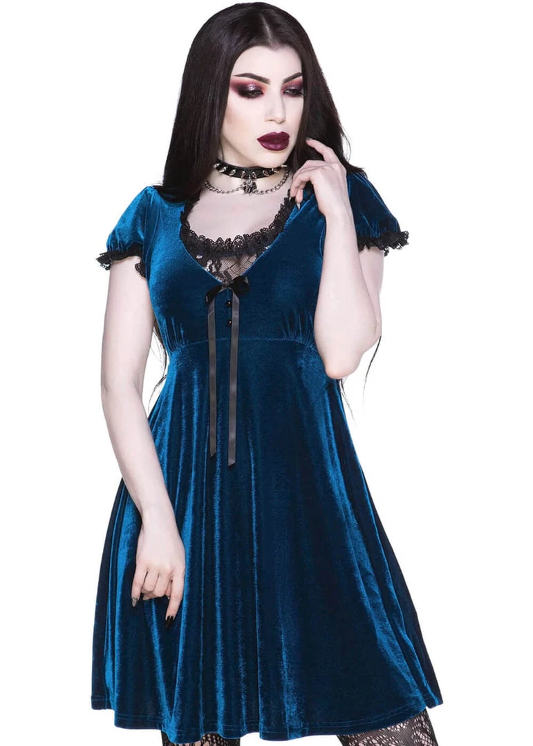 Killstar Heather Velvet 60's Jurk Sapphire Blue New In