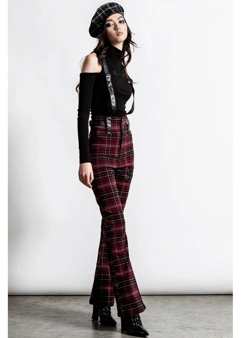 Killstar Prophet Of Doom Trousers With Suspenders Tartan Red New In