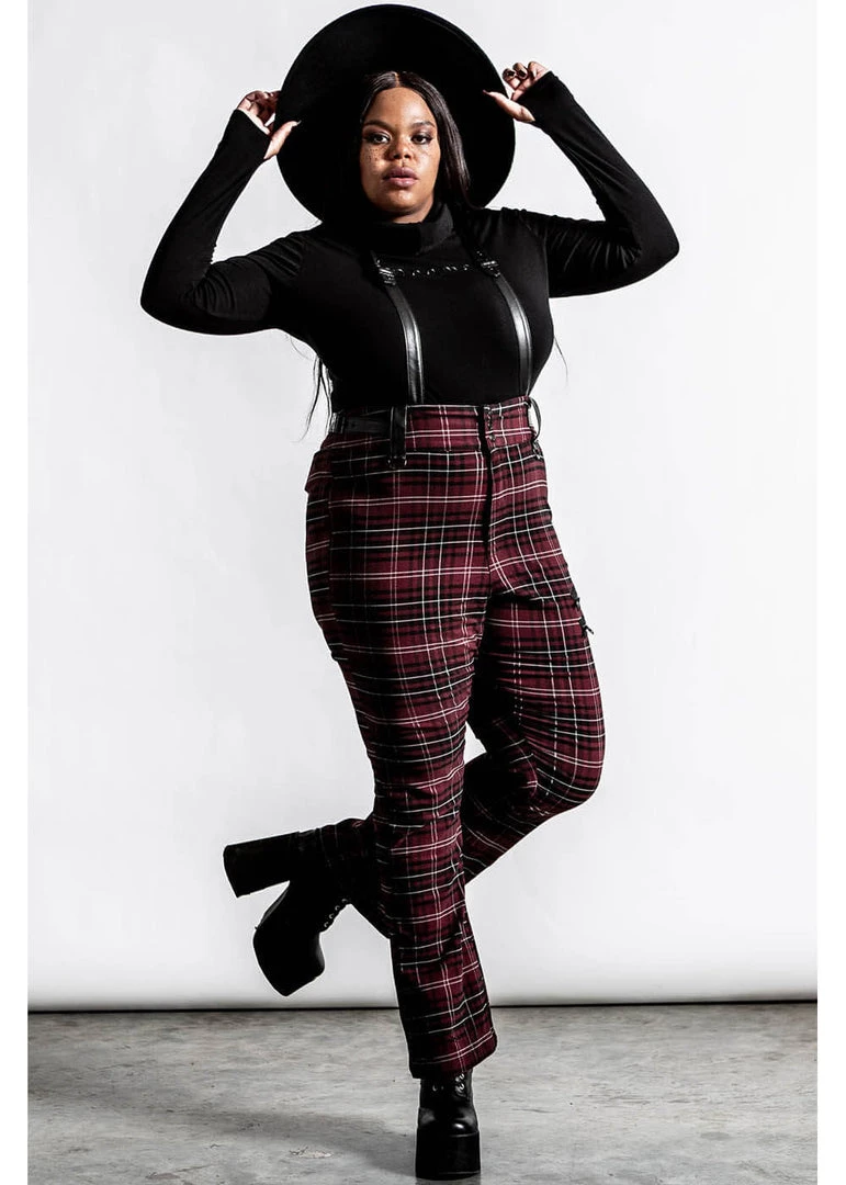 Killstar Prophet Of Doom Trousers With Suspenders Tartan Red New In