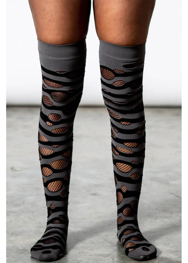 Killstar Wretched Soul Distress Socks Black Grey New In