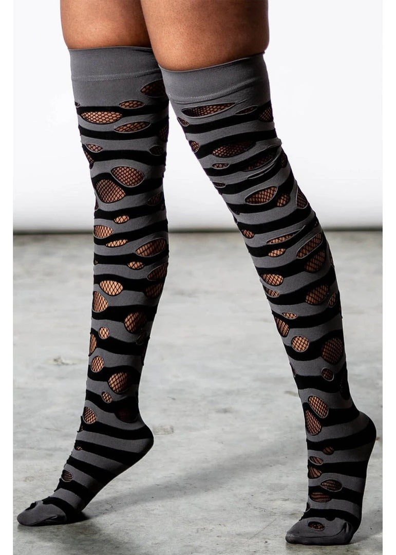 Killstar Wretched Soul Distress Socks Black Grey New In