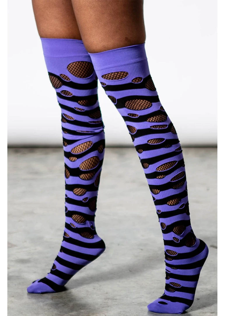 Killstar Wretched Soul Distress Socks Black Purple New In