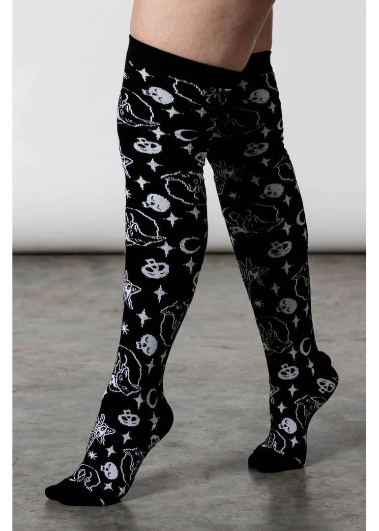 Killstar Purr Off Cat Kneesocks Black