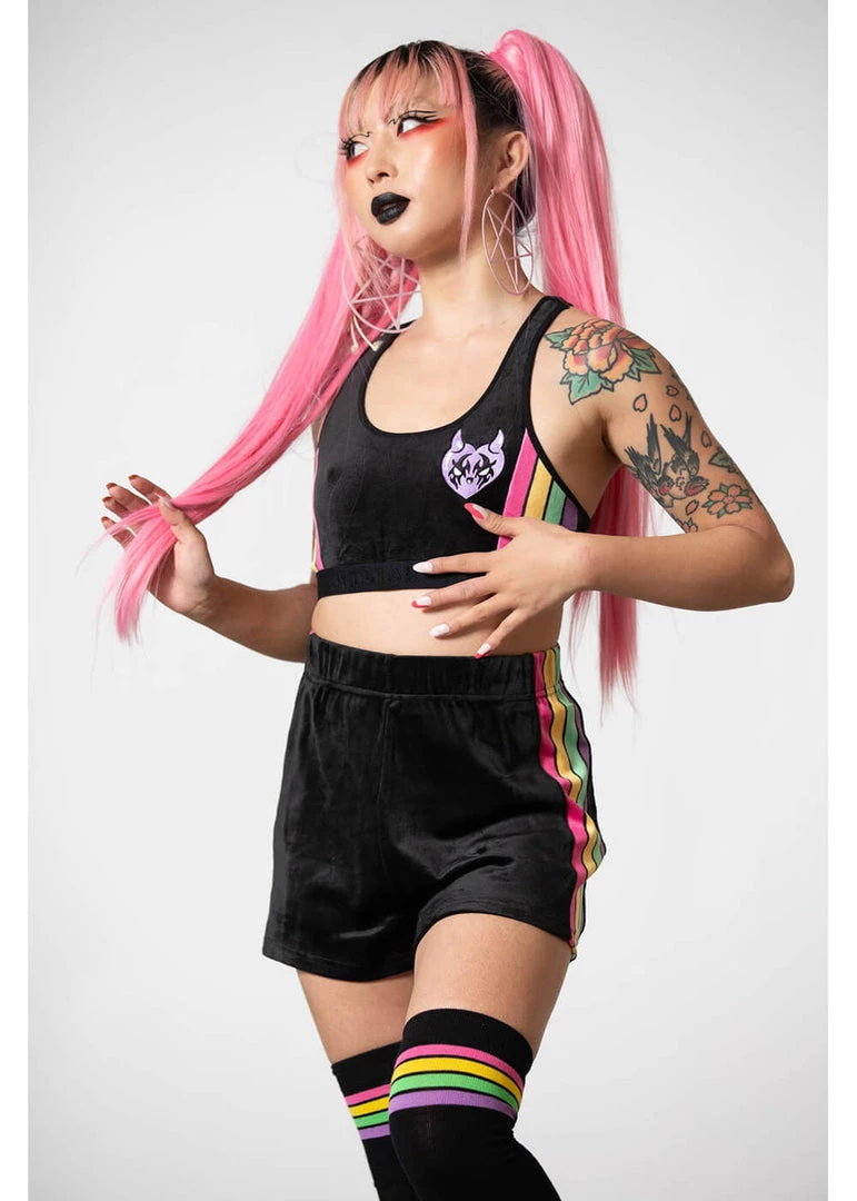 Killstar Groovy Rainbow Velour Shorts Black