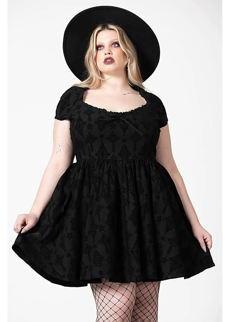 Killstar Crossed Chloe Flocked Skater Dress Black New In
