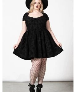 Killstar Crossed Chloe Flocked Skater Dress Black New In