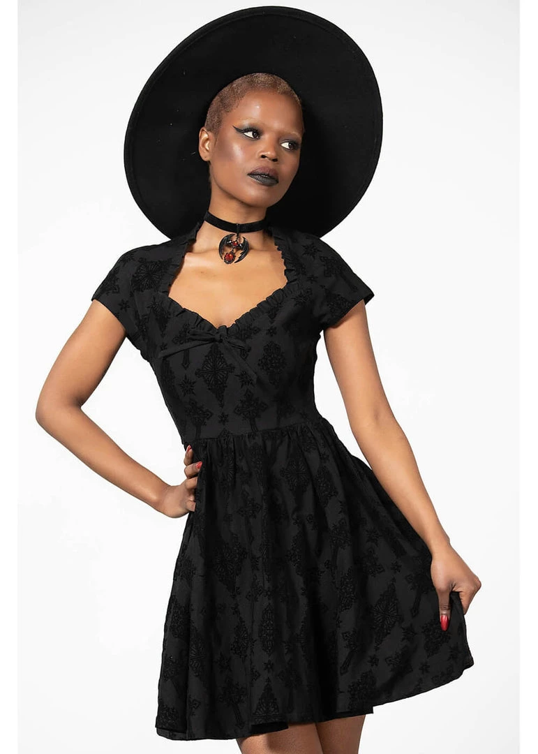 Killstar Crossed Chloe Flocked Skater Dress Black New In