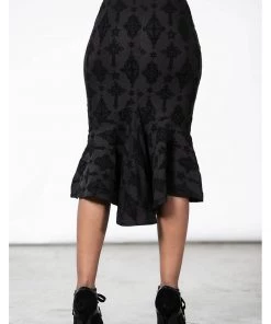 Killstar Candence Flocker Midi Pencil Skirt Black