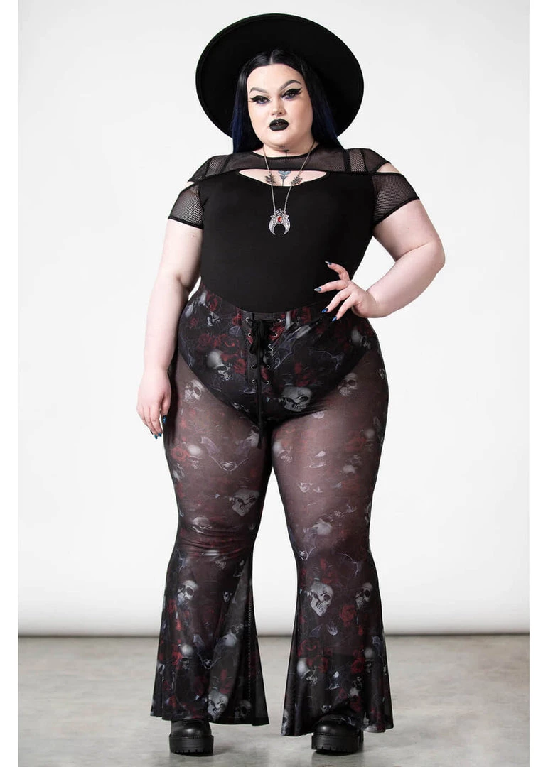 Killstar Spirala Mesh Bell Bottoms Flare Trousers Black