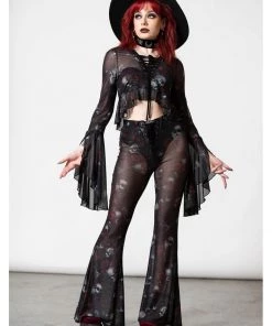 Killstar Spirala Mesh Bell Bottoms Flare Trousers Black