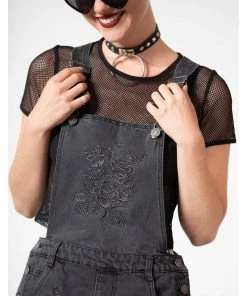 New In Killstar Blackbell Denim Overalls Shorts Black