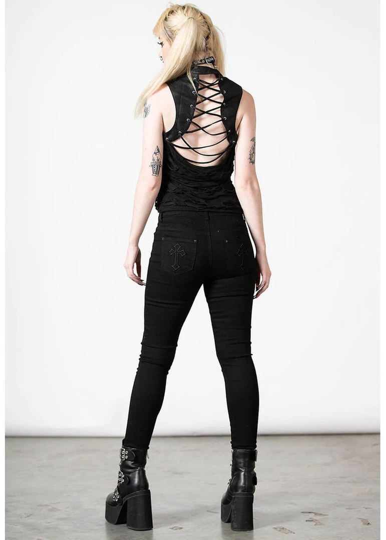 New In Killstar Hardy Lace-Up Vest Top Black