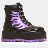 New In Koi Footwear Helios Hologram Flames Platform Boots Black Purple
