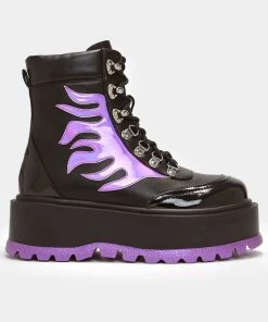 New In Koi Footwear Helios Hologram Flames Platform Boots Black Purple