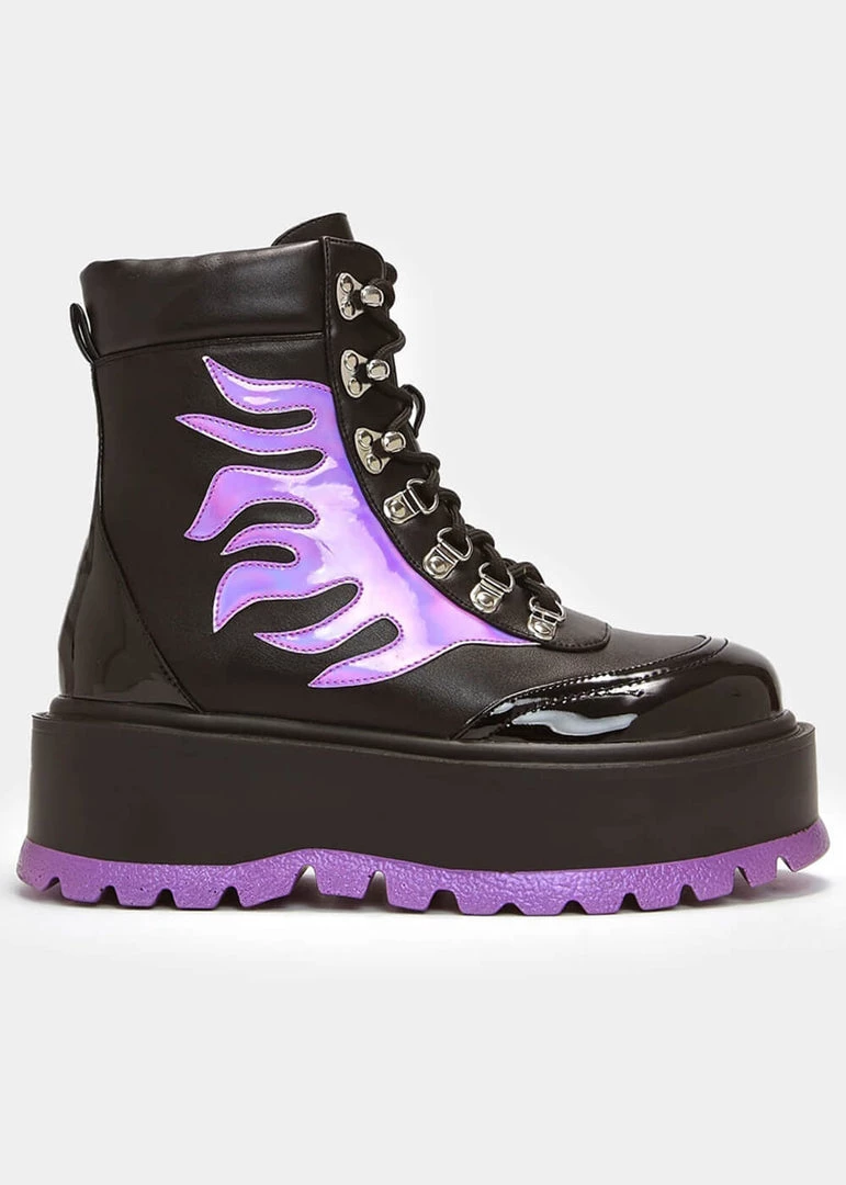New In Koi Footwear Helios Hologram Flames Platform Boots Black Purple