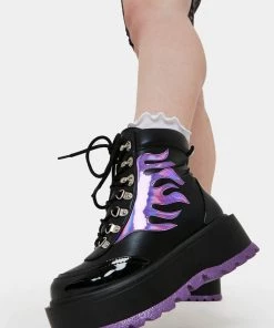New In Koi Footwear Helios Hologram Flames Platform Boots Black Purple