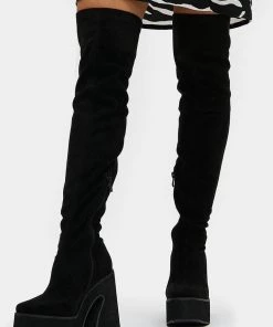 Koi Footwear Damar Over The Knee Suede 60's Boots Black New In