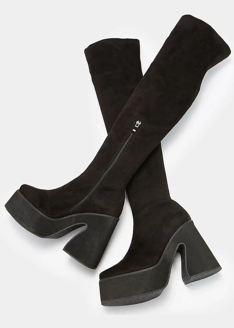 Koi Footwear Damar Over The Knee Suede 60's Boots Black New In