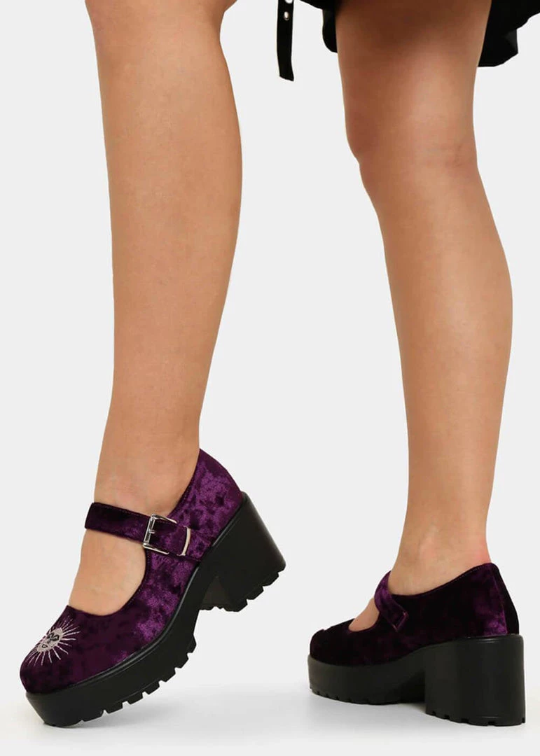 Koi Footwear Della Witchy Moon Mary Janes Velvet 60's Pumps Purple New In