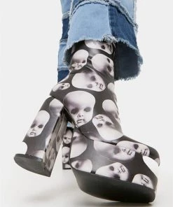New In Koi Footwear Dead Silence Doll Heads 80's Platform Boots Black