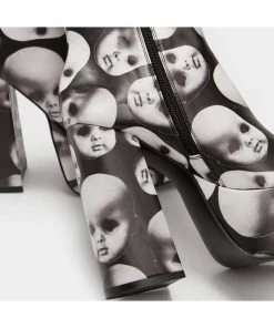 New In Koi Footwear Dead Silence Doll Heads 80's Platform Boots Black