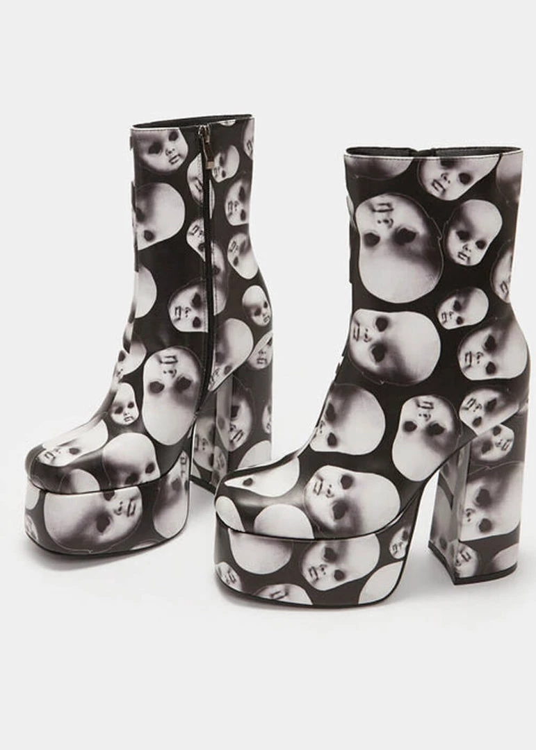 New In Koi Footwear Dead Silence Doll Heads 80's Platform Boots Black