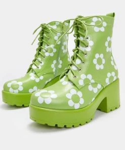 Koi Footwear Orchis Charm 60's Flower Power Boots Green New In