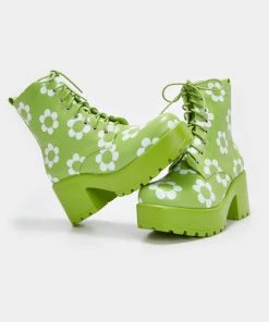 Koi Footwear Orchis Charm 60's Flower Power Boots Green New In