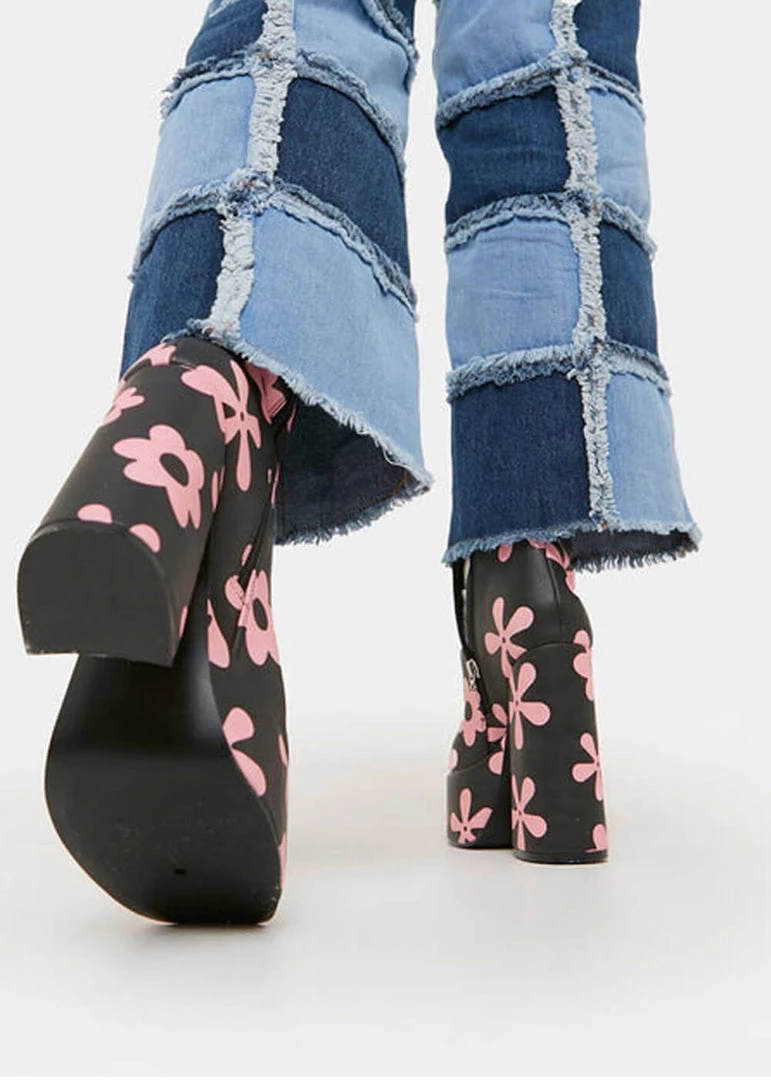 Koi Footwear Empty Flowers 70's Platform Boots Black New In