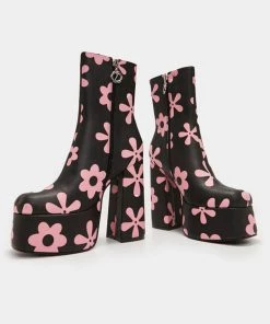 Koi Footwear Empty Flowers 70's Platform Boots Black New In
