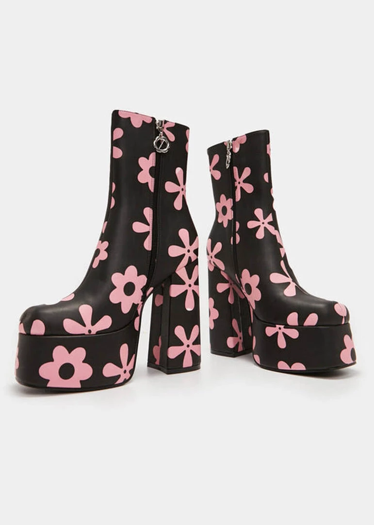 Koi Footwear Empty Flowers 70's Platform Boots Black New In
