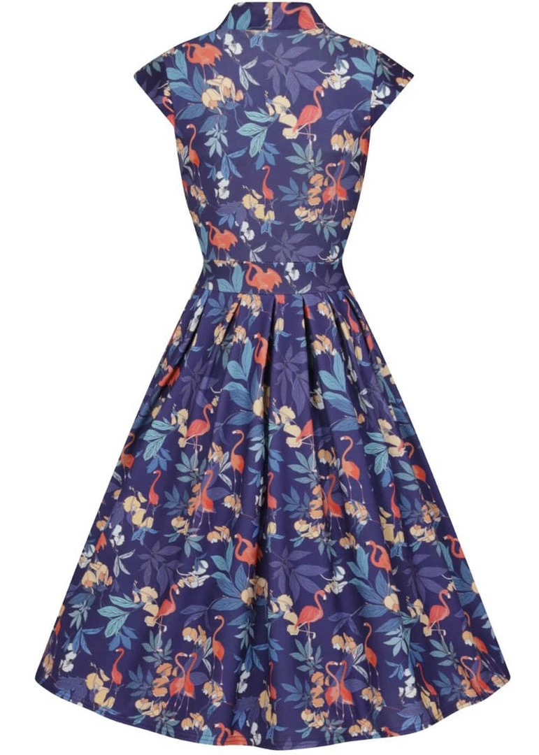 New In Lady Vintage Eva Flamingo 50's Swing Dress Navy