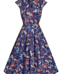 New In Lady Vintage Eva Flamingo 50's Swing Dress Navy