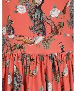 Lady Vintage Dirdle Birds Of A Feather 50's Swing Dress Coral New In