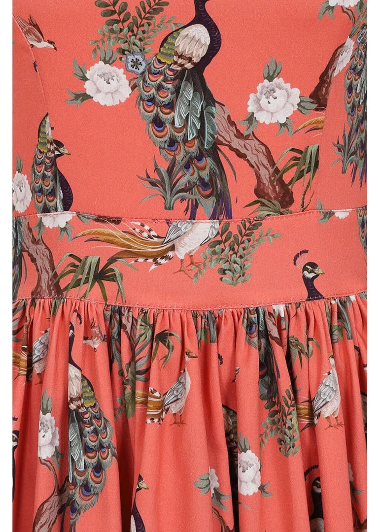 Lady Vintage Dirdle Birds Of A Feather 50's Swing Dress Coral New In