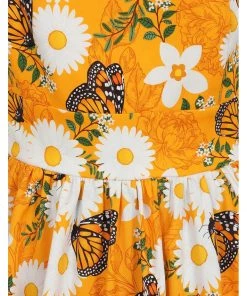 Lady Vintage Halliday Butterfly Bloom 50s Swing Dress Orange