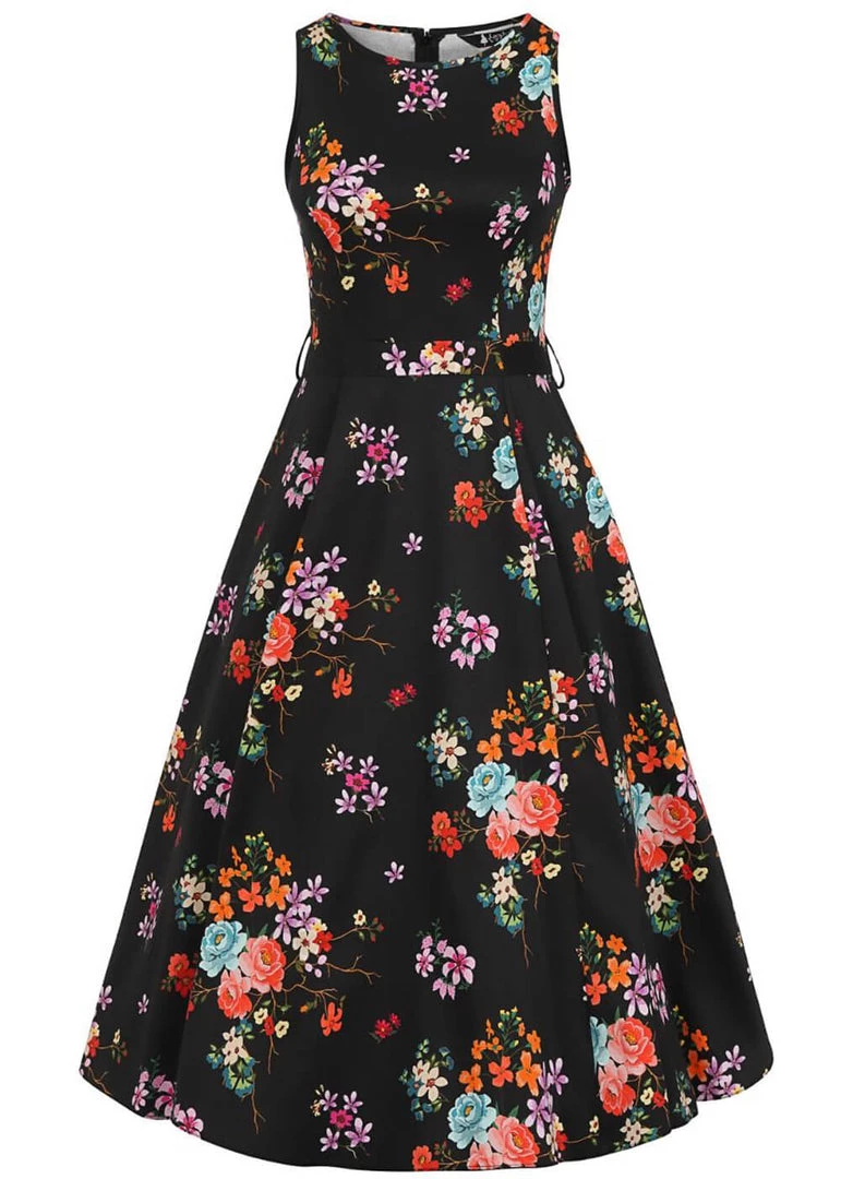 Lady Vintage Hepburn Ditsy Floral 50's Swing Dress Black