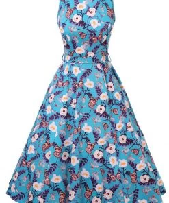 New In Lady Vintage Hepburn Butterfly 50's Swing Dress Blue