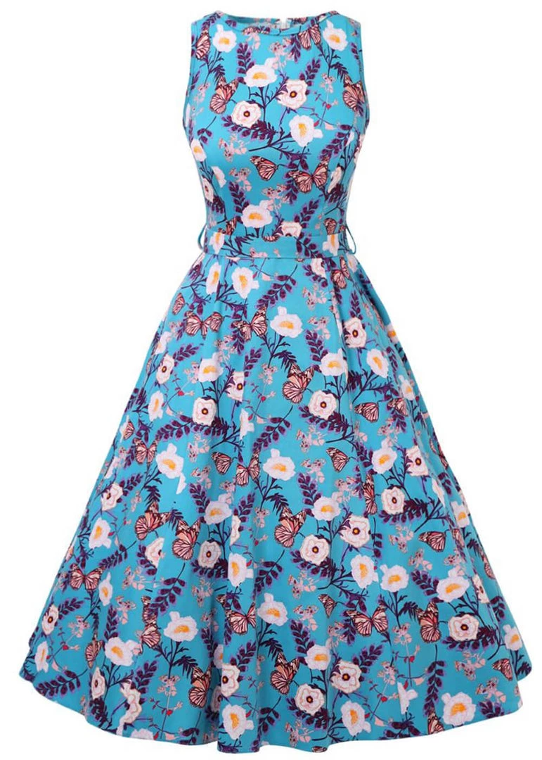 New In Lady Vintage Hepburn Butterfly 50's Swing Dress Blue