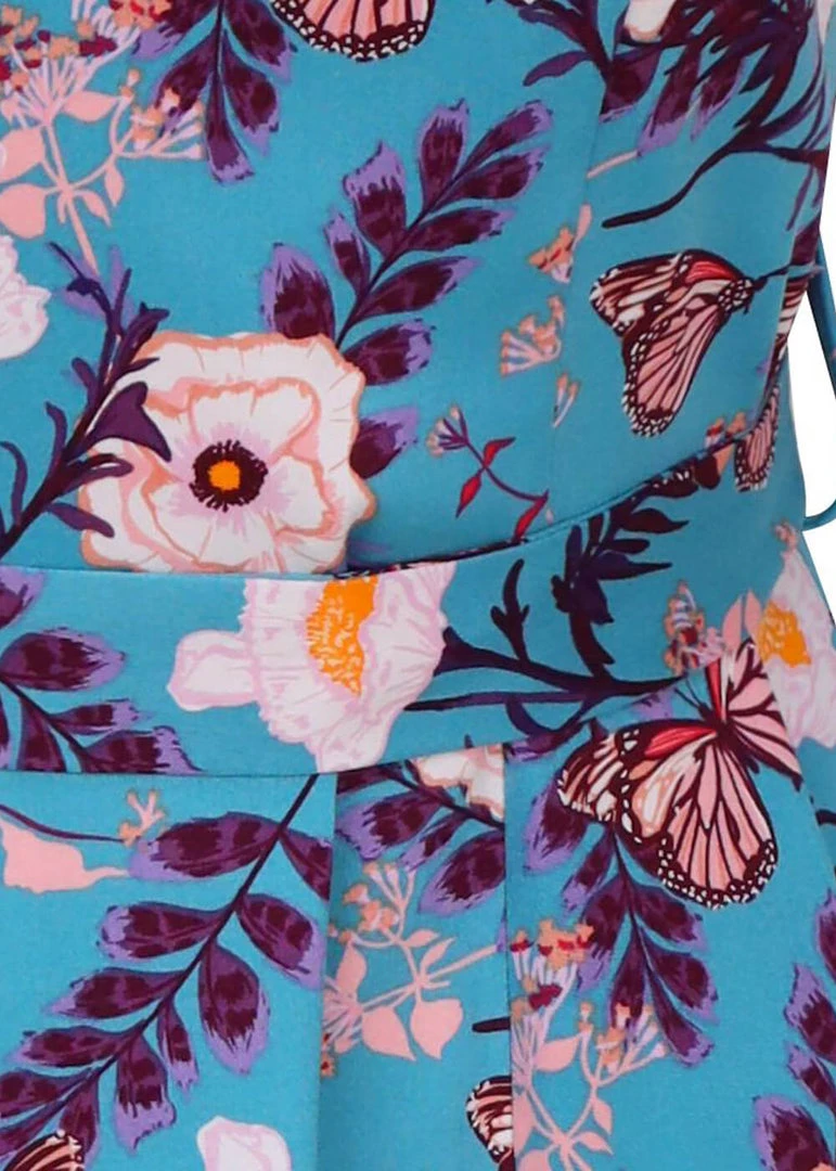 New In Lady Vintage Hepburn Butterfly 50's Swing Dress Blue