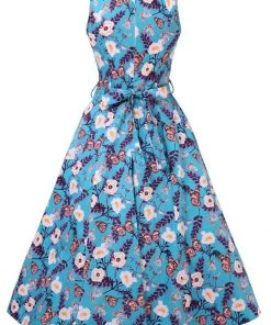 New In Lady Vintage Hepburn Butterfly 50's Swing Dress Blue