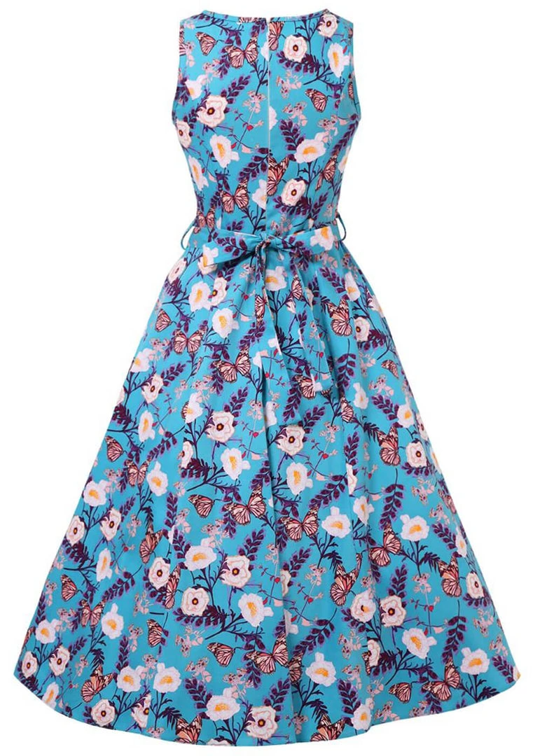 New In Lady Vintage Hepburn Butterfly 50's Swing Dress Blue