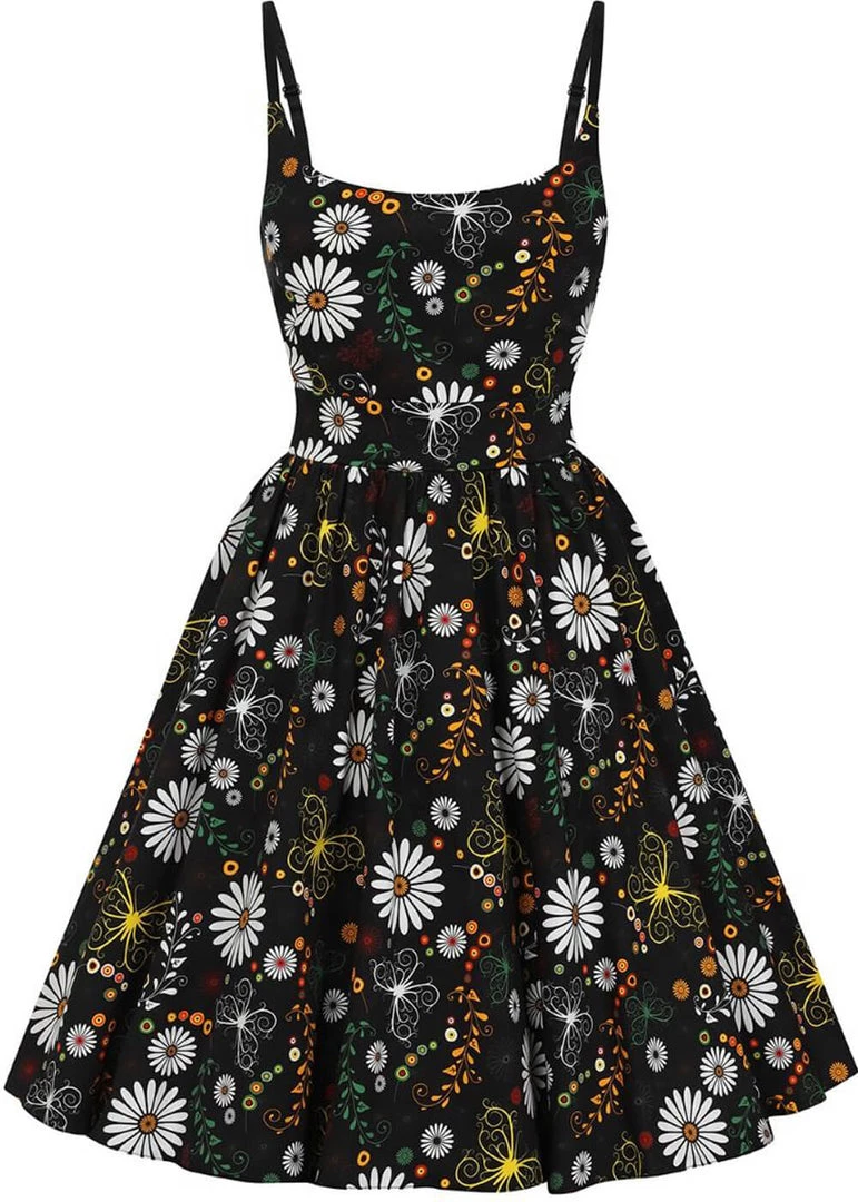 Lady Vintage Halliday Ditsy Daisy 50's Swing Dress Black