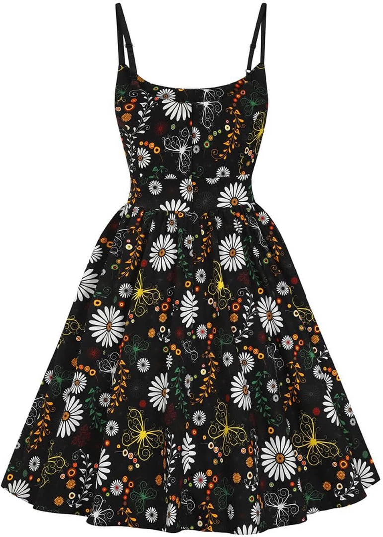 Lady Vintage Halliday Ditsy Daisy 50's Swing Dress Black