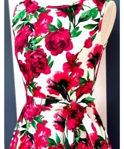 Lady Vintage Hepburn Red Flower 50's Swing Dress White