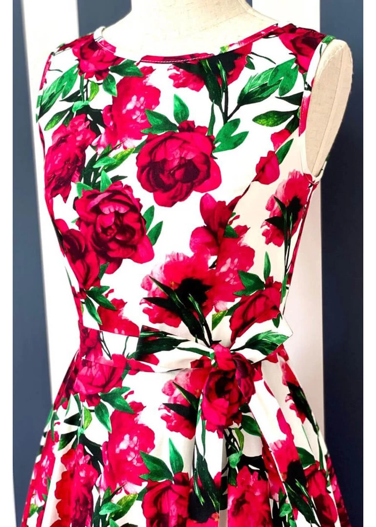 Lady Vintage Hepburn Red Flower 50's Swing Dress White