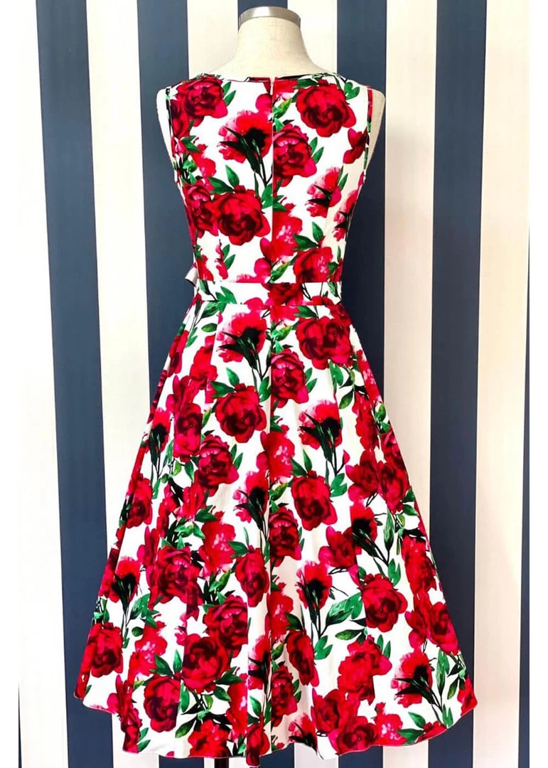 Lady Vintage Hepburn Red Flower 50's Swing Dress White