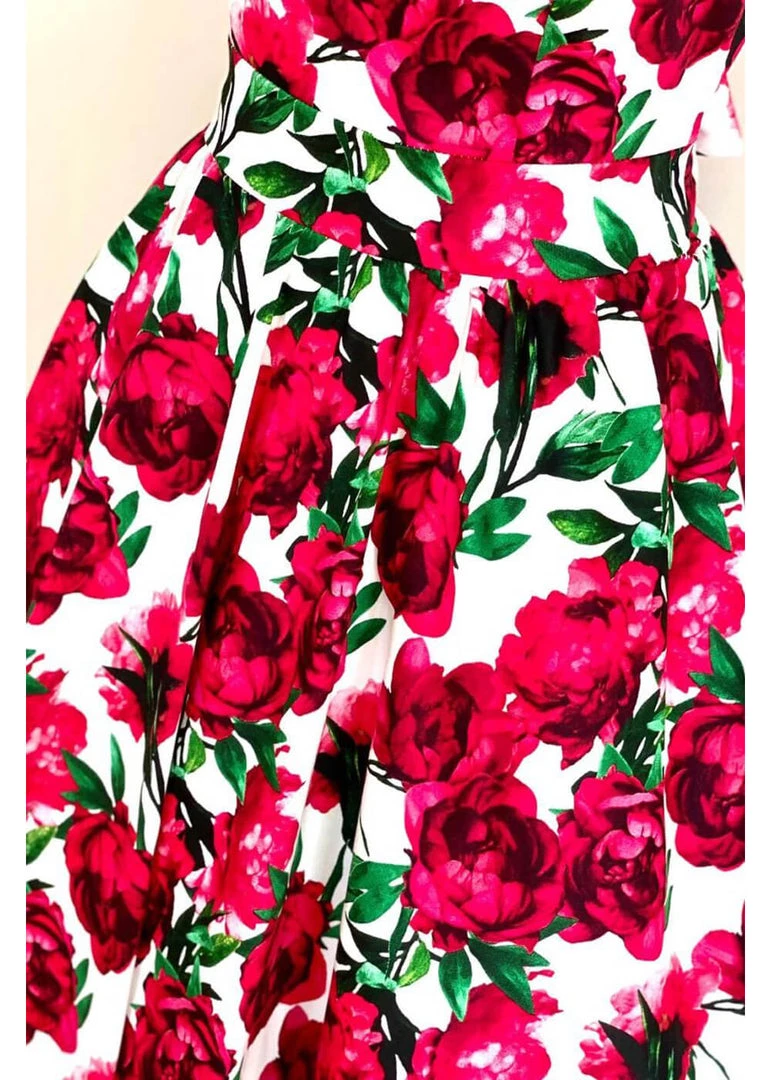 Lady Vintage Hepburn Red Flower 50's Swing Dress White