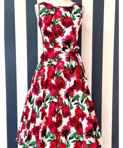 Lady Vintage Hepburn Red Flower 50's Swing Dress White